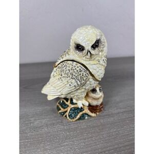 Kalifano Snowy Owl and Owlet Keepsake Trinket Box Crystal Enameled Collectible